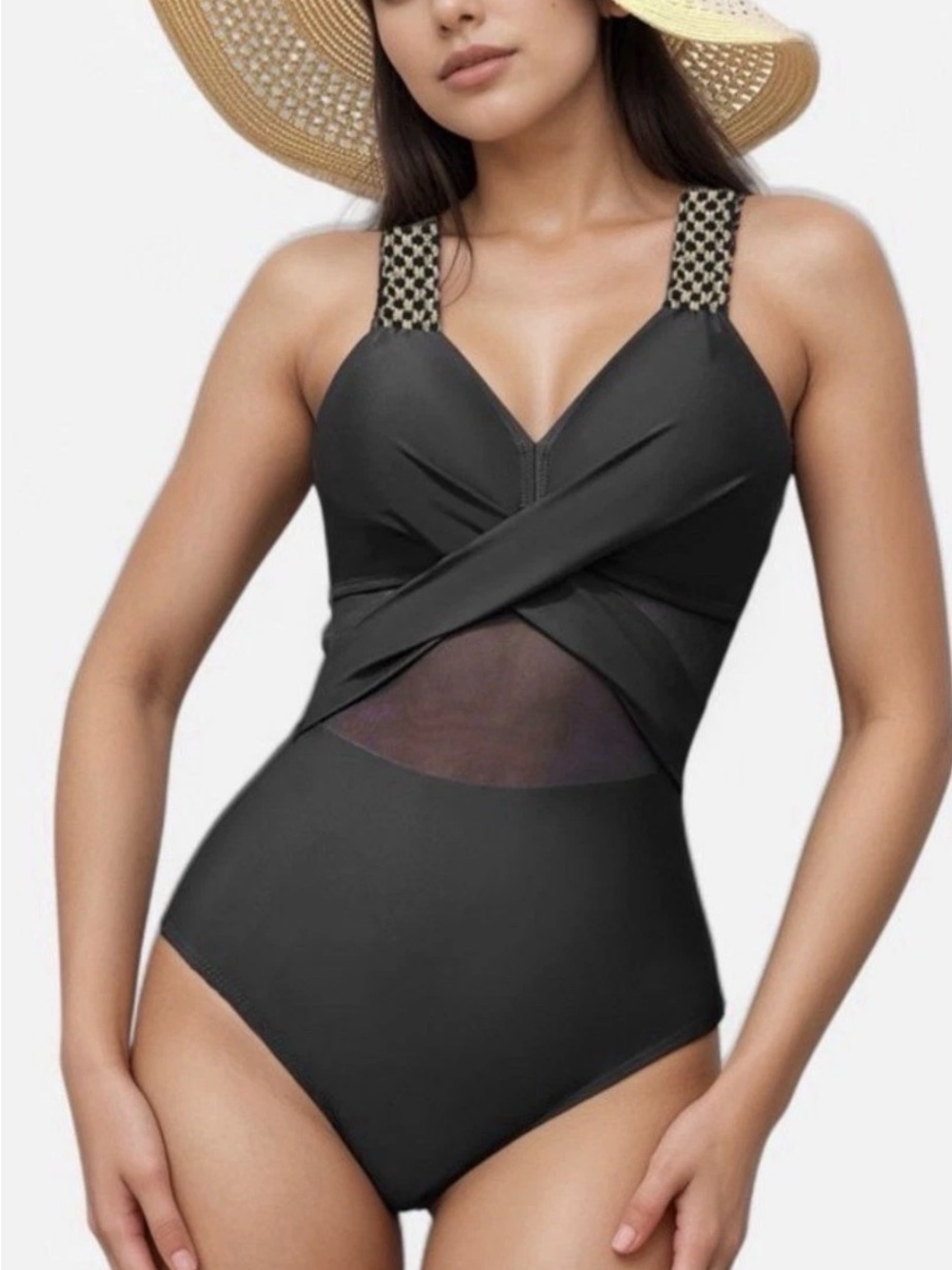Anna-Kaci Women’s Black One-Piece Swimsuit with Sheer Waist Panel size small